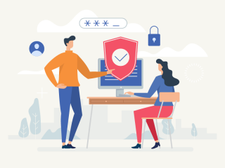 Illustration of a man and woman at a computer talking about internet privacy.